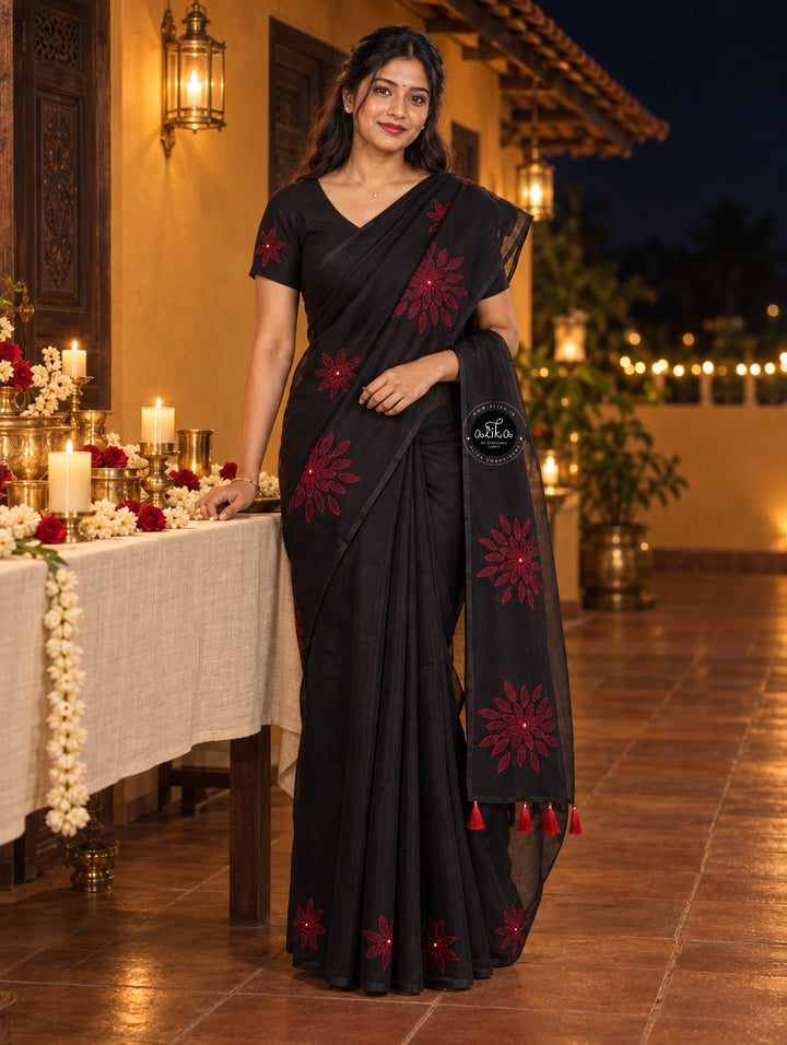 Black Kota Saree with Red Floral Shadow Work &amp; Bead Embellishments