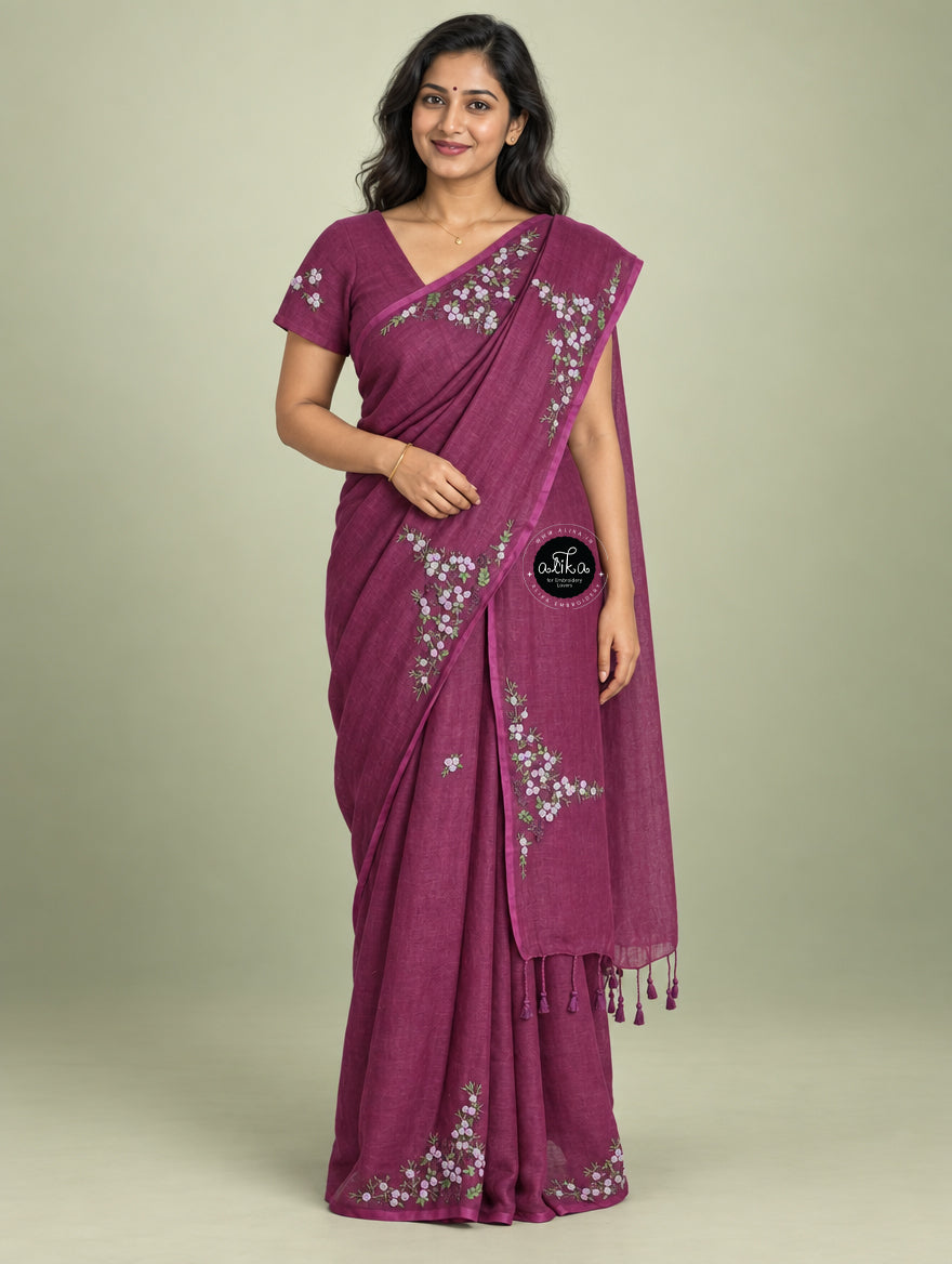 warm Purple Linen Saree with Exquisite Bullion Work – Elegant &amp; Sophisticated