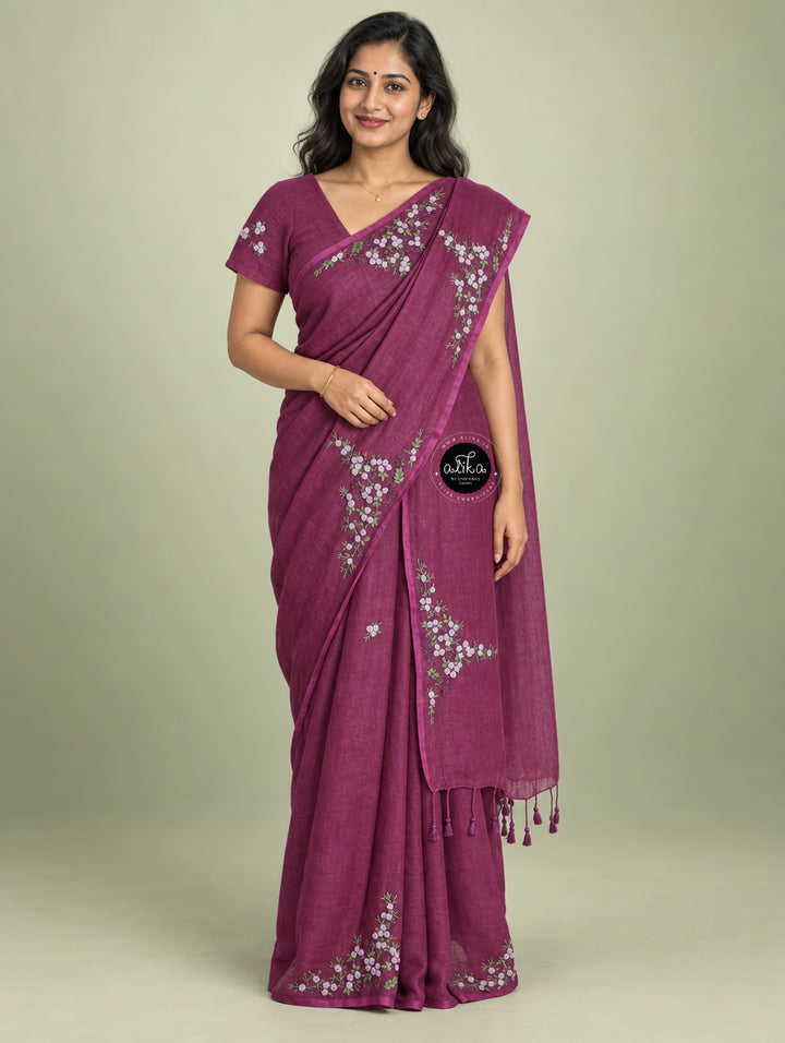 warm Purple Linen Saree with Exquisite Bullion Work – Elegant &amp; Sophisticated