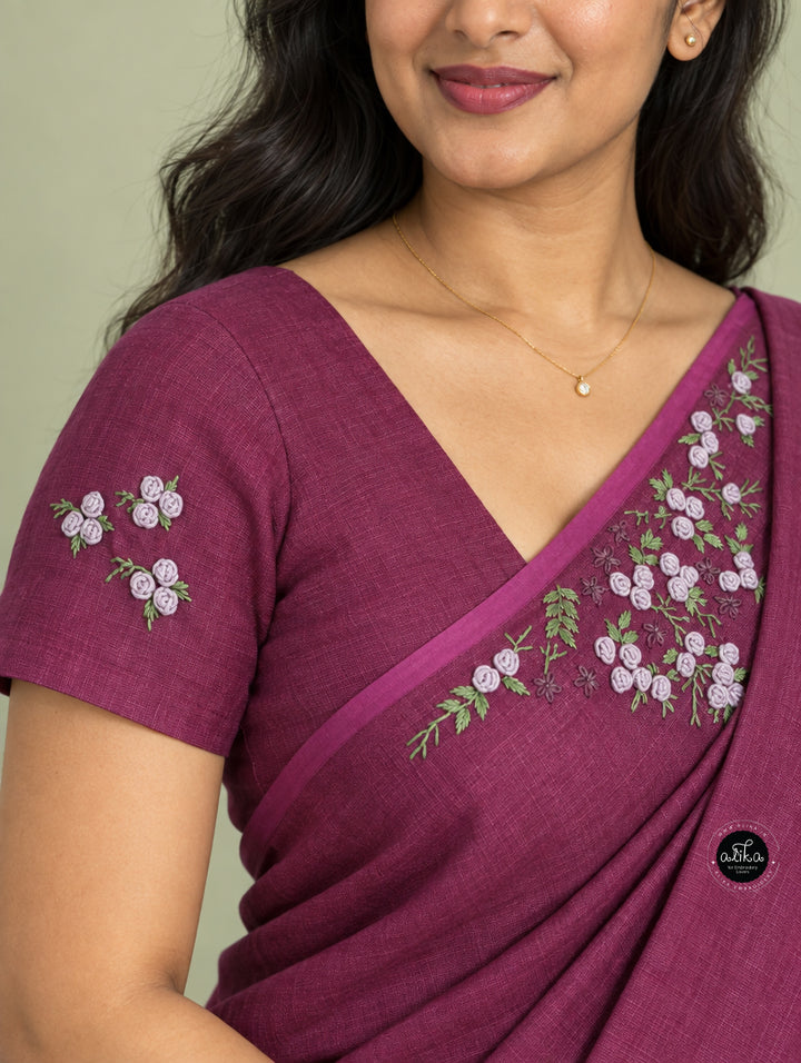 warm Purple Linen Saree with Exquisite Bullion Work – Elegant &amp; Sophisticated