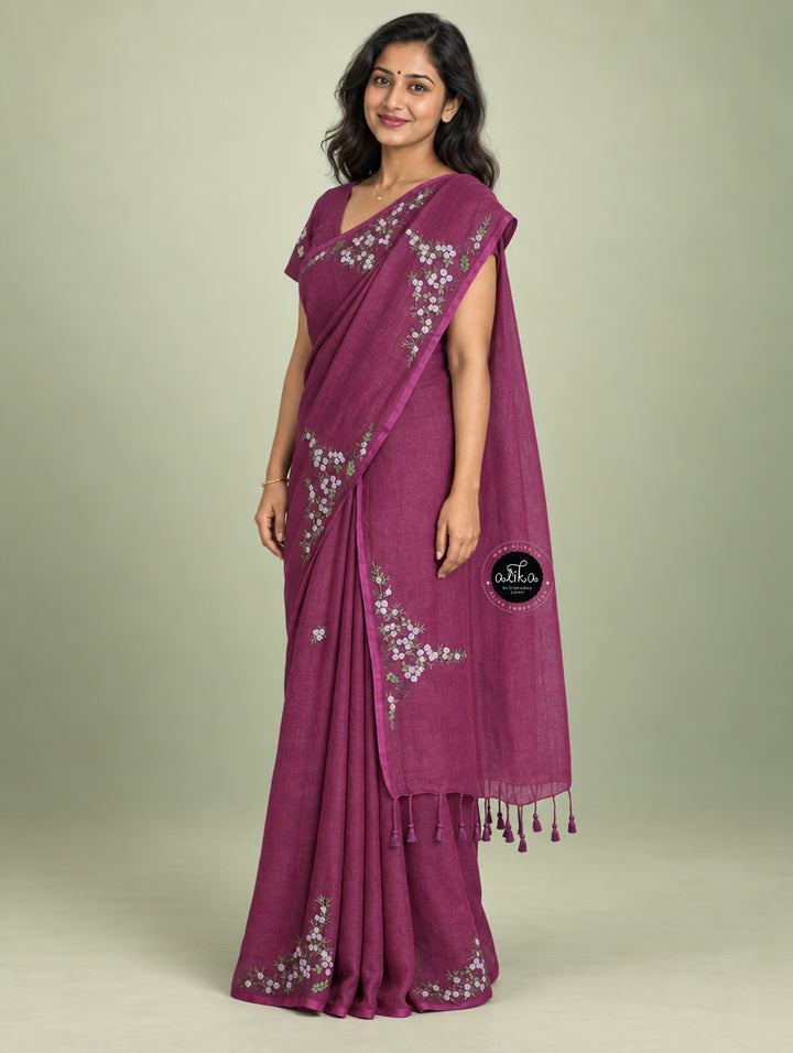 warm Purple Linen Saree with Exquisite Bullion Work – Elegant &amp; Sophisticated