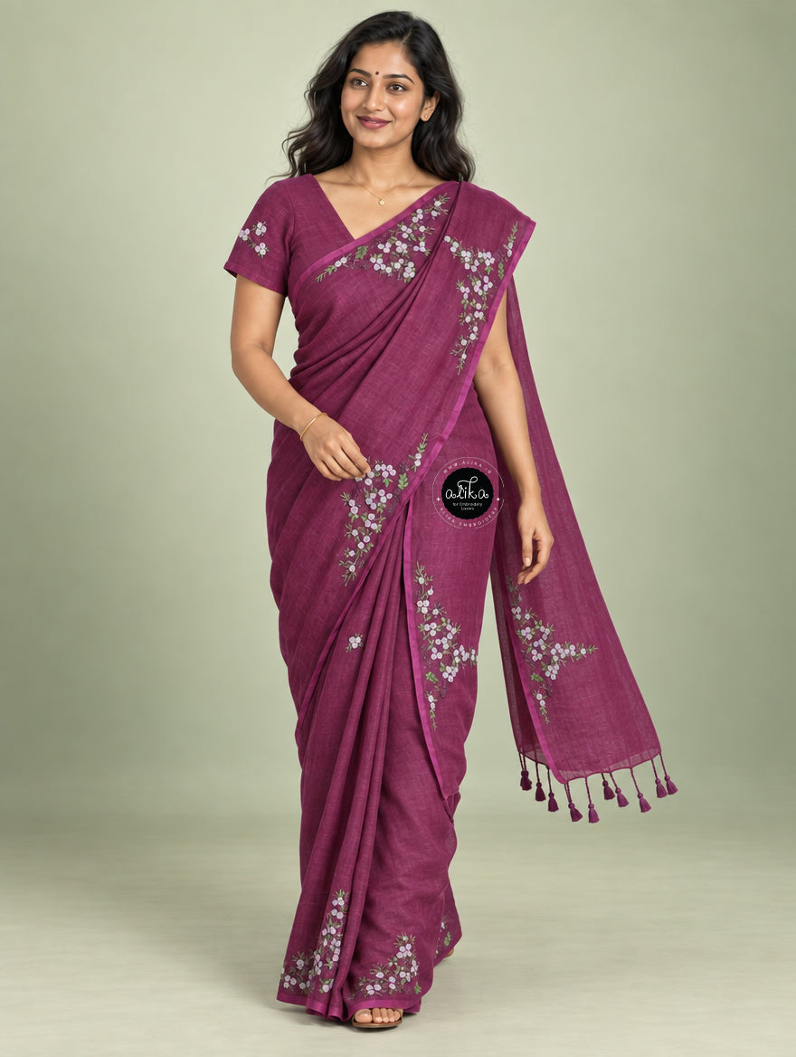 warm Purple Linen Saree with Exquisite Bullion Work – Elegant &amp; Sophisticated