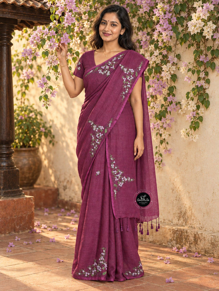 warm Purple Linen Saree with Exquisite Bullion Work – Elegant &amp; Sophisticated