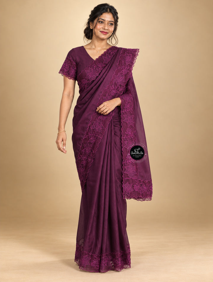 Dark Purple Silky Kota Saree with Floral Organza Applique Work