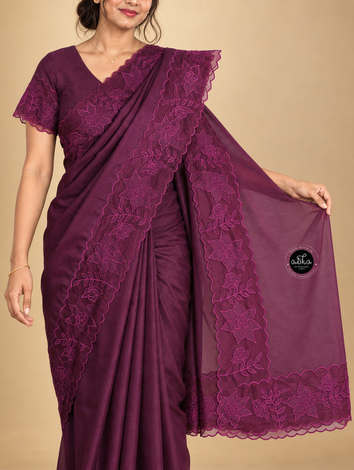 Dark Purple Silky Kota Saree with Floral Organza Applique Work
