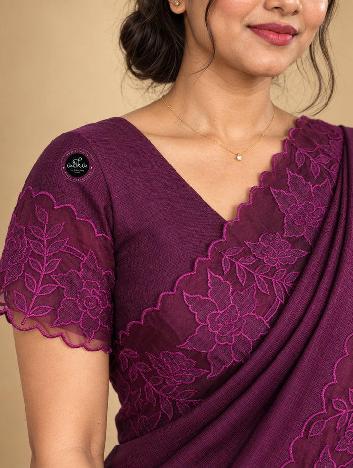 Dark Purple Silky Kota Saree with Floral Organza Applique Work