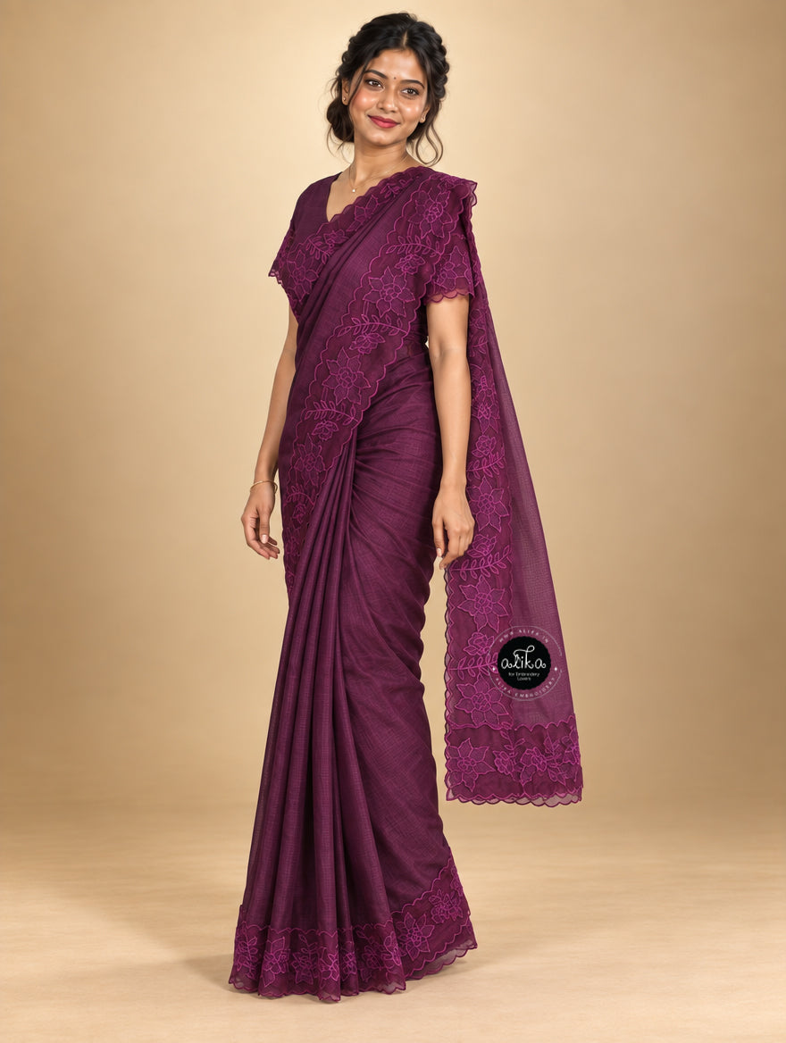 Dark Purple Silky Kota Saree with Floral Organza Applique Work