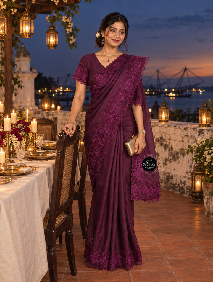 Dark Purple Silky Kota Saree with Floral Organza Applique Work