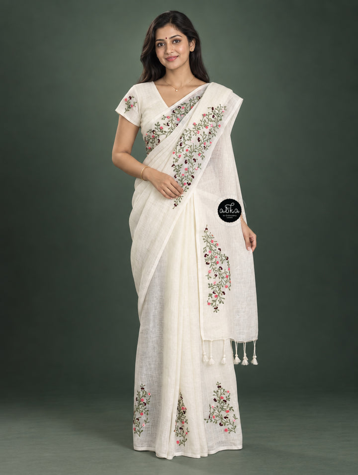 Pure White Pure Linen Saree with Floral Hand Embroidery