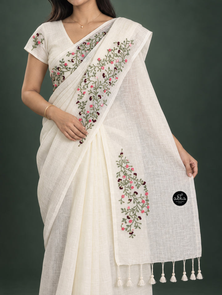 Pure White Pure Linen Saree with Floral Hand Embroidery