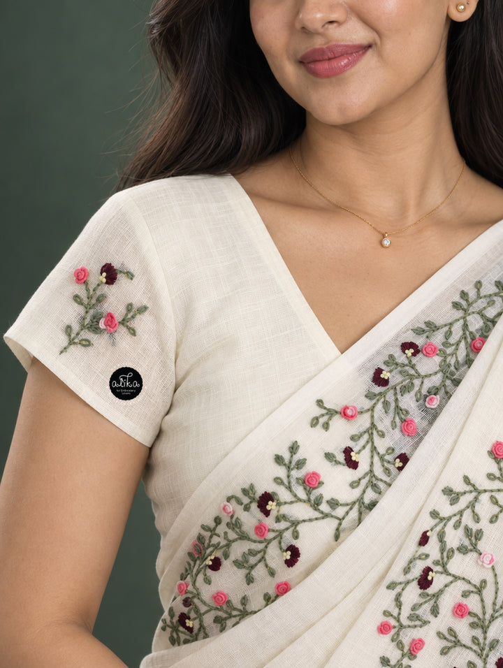 Pure White Pure Linen Saree with Floral Hand Embroidery