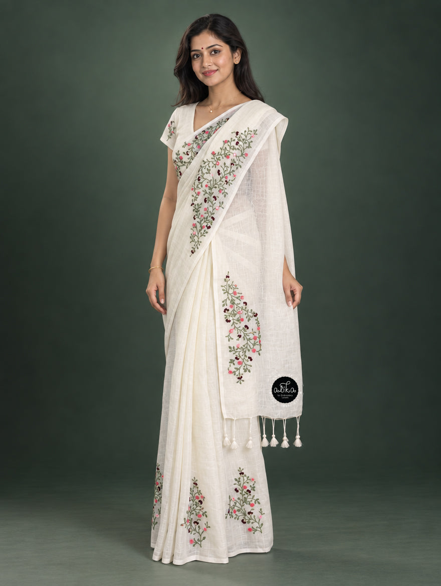 Pure White Pure Linen Saree with Floral Hand Embroidery