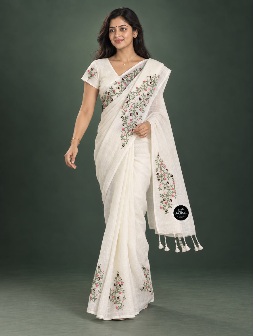 Pure White Pure Linen Saree with Floral Hand Embroidery