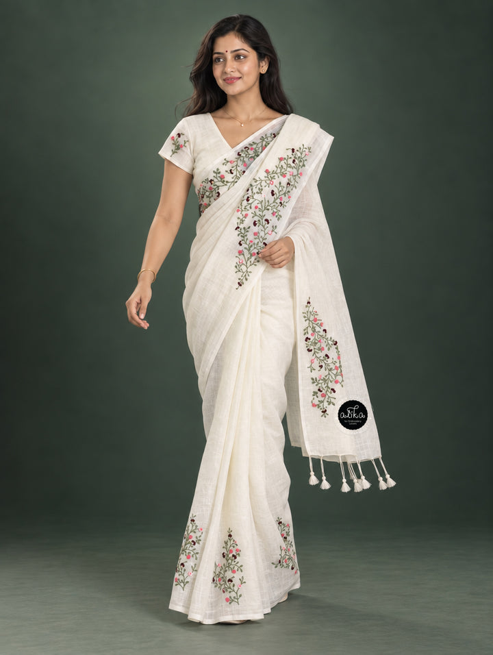 Pure White Pure Linen Saree with Floral Hand Embroidery