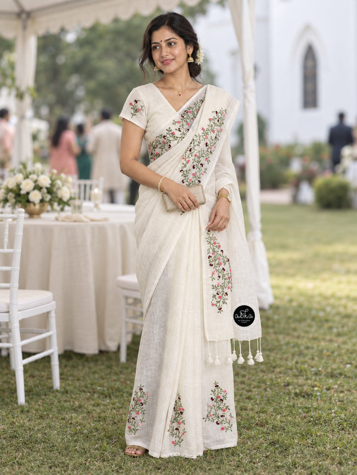 Pure White Pure Linen Saree with Floral Hand Embroidery