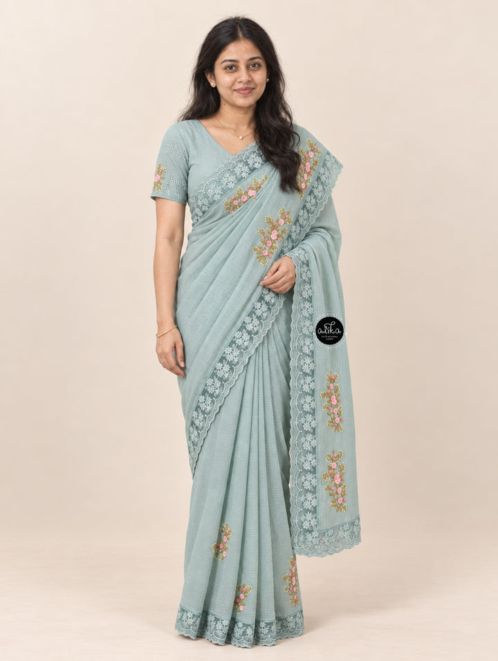 Light Turquoise Pure Cotton Saree with Floral Hand Embroidery &amp; Lace Border