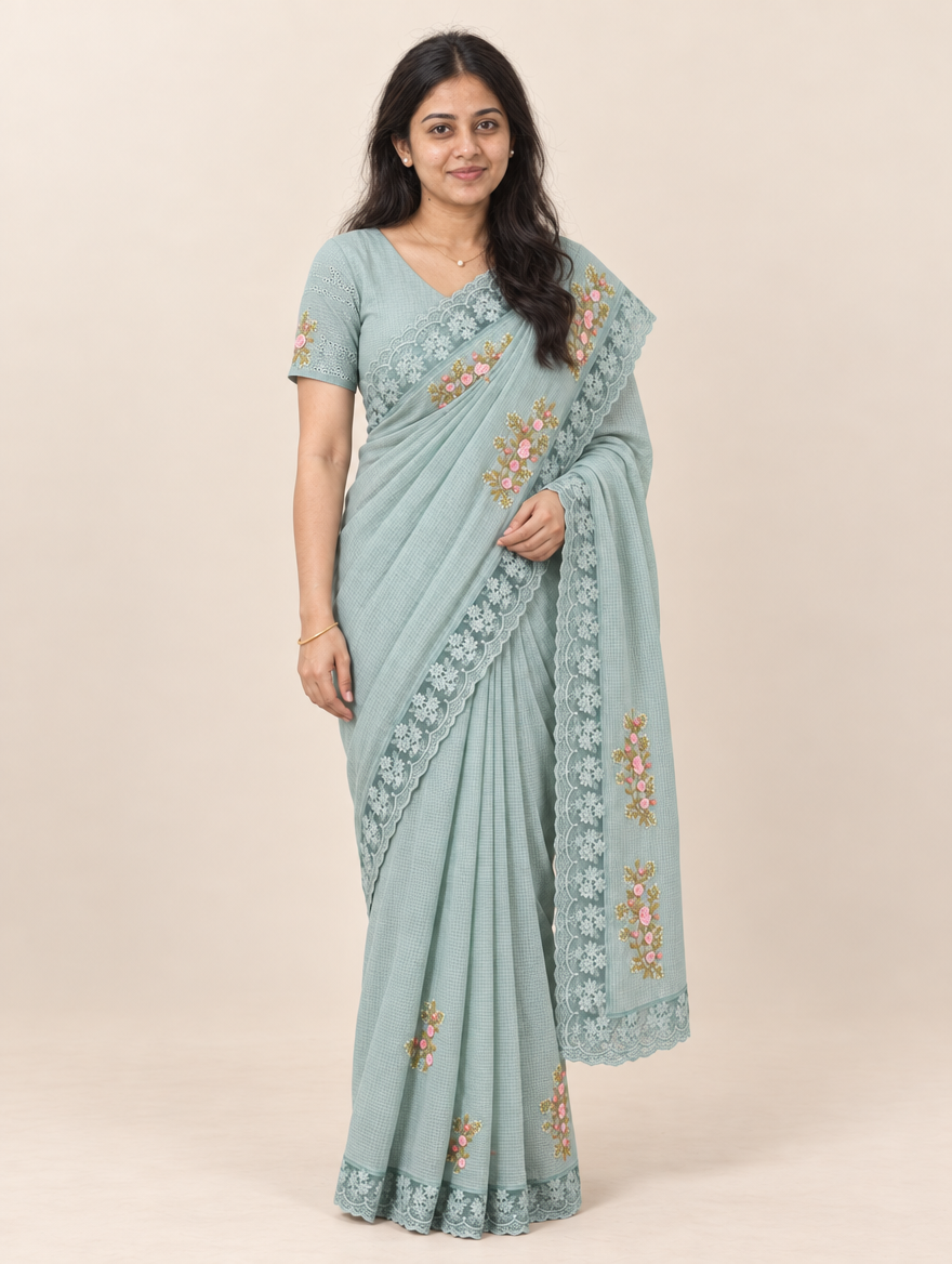 Light Turquoise Pure Cotton Saree with Floral Hand Embroidery &amp; Lace Border