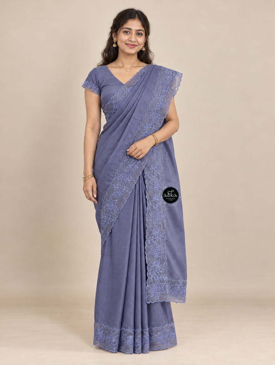 Gray Blue Silky Kota Saree with Floral Organza Applique Border