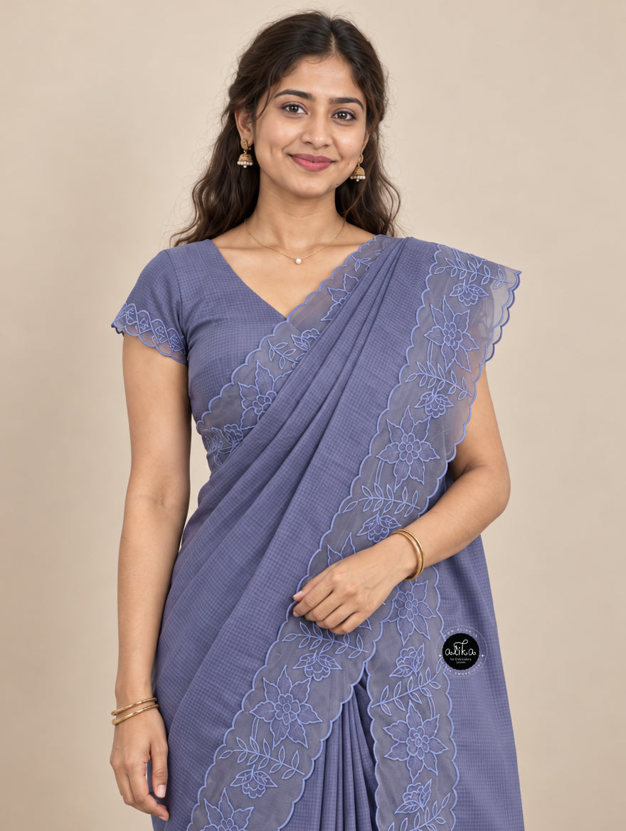 Gray Blue Silky Kota Saree with Floral Organza Applique Border
