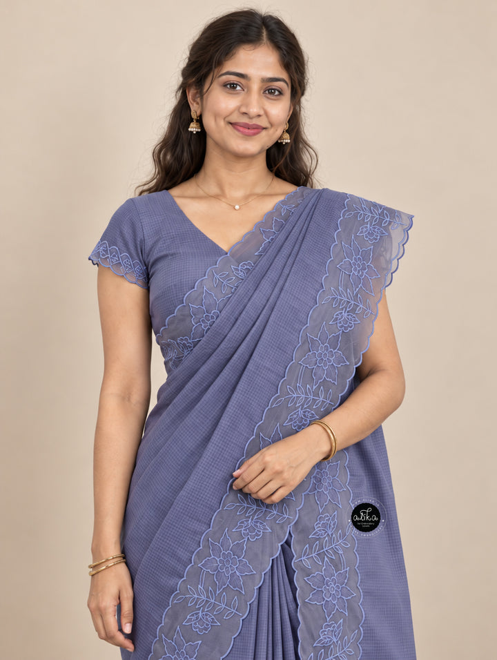 Gray Blue Silky Kota Saree with Floral Organza Applique Border