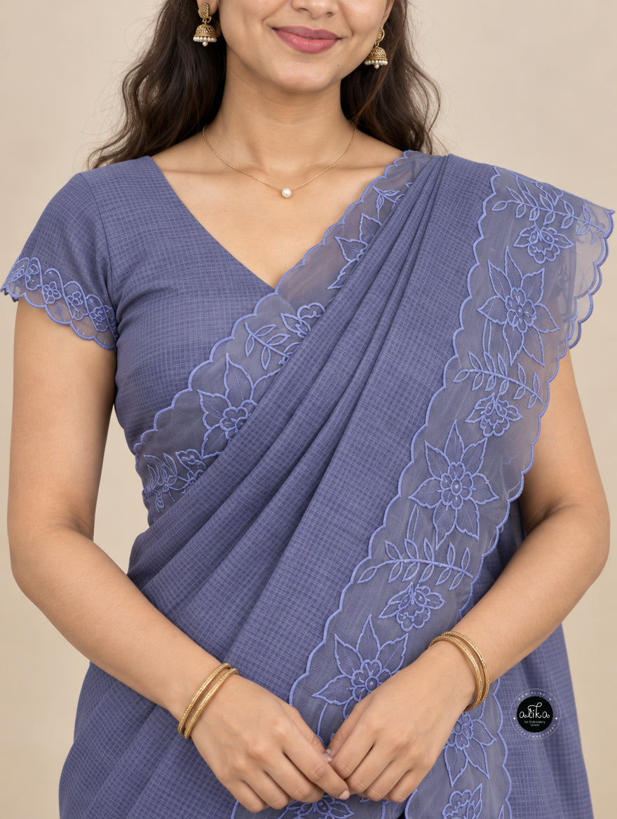 Gray Blue Silky Kota Saree with Floral Organza Applique Border