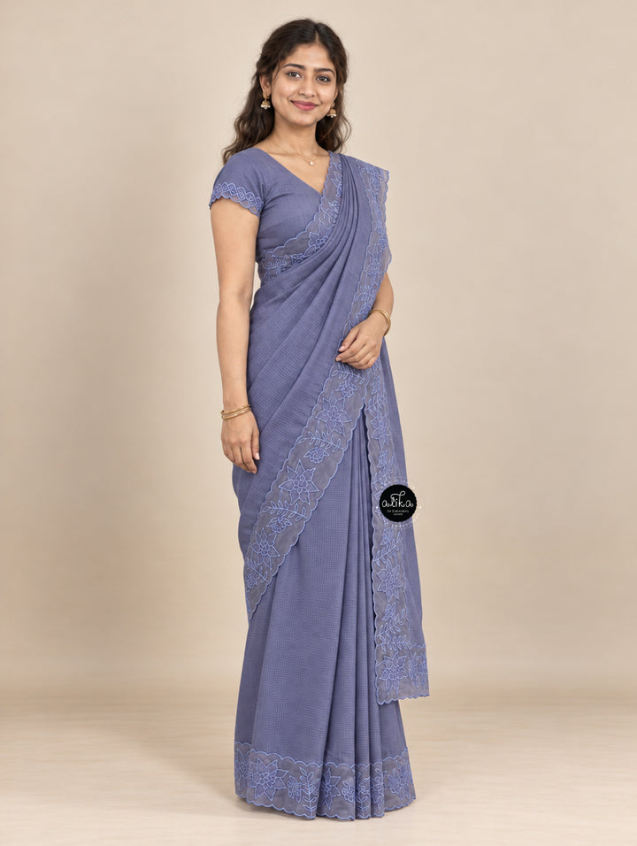 Gray Blue Silky Kota Saree with Floral Organza Applique Border