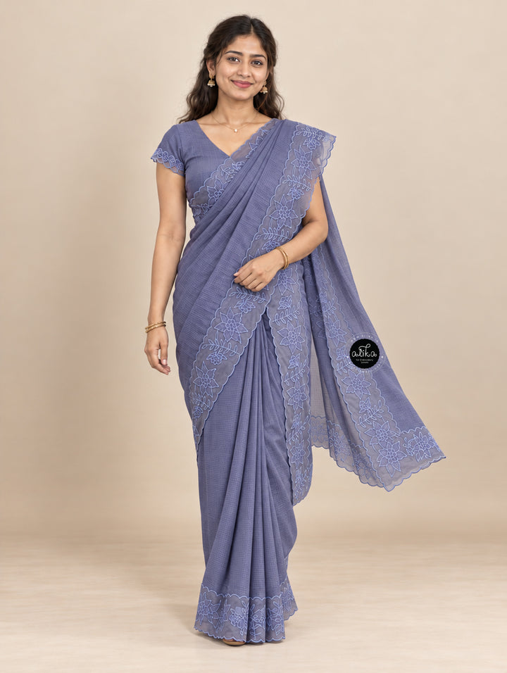 Gray Blue Silky Kota Saree with Floral Organza Applique Border