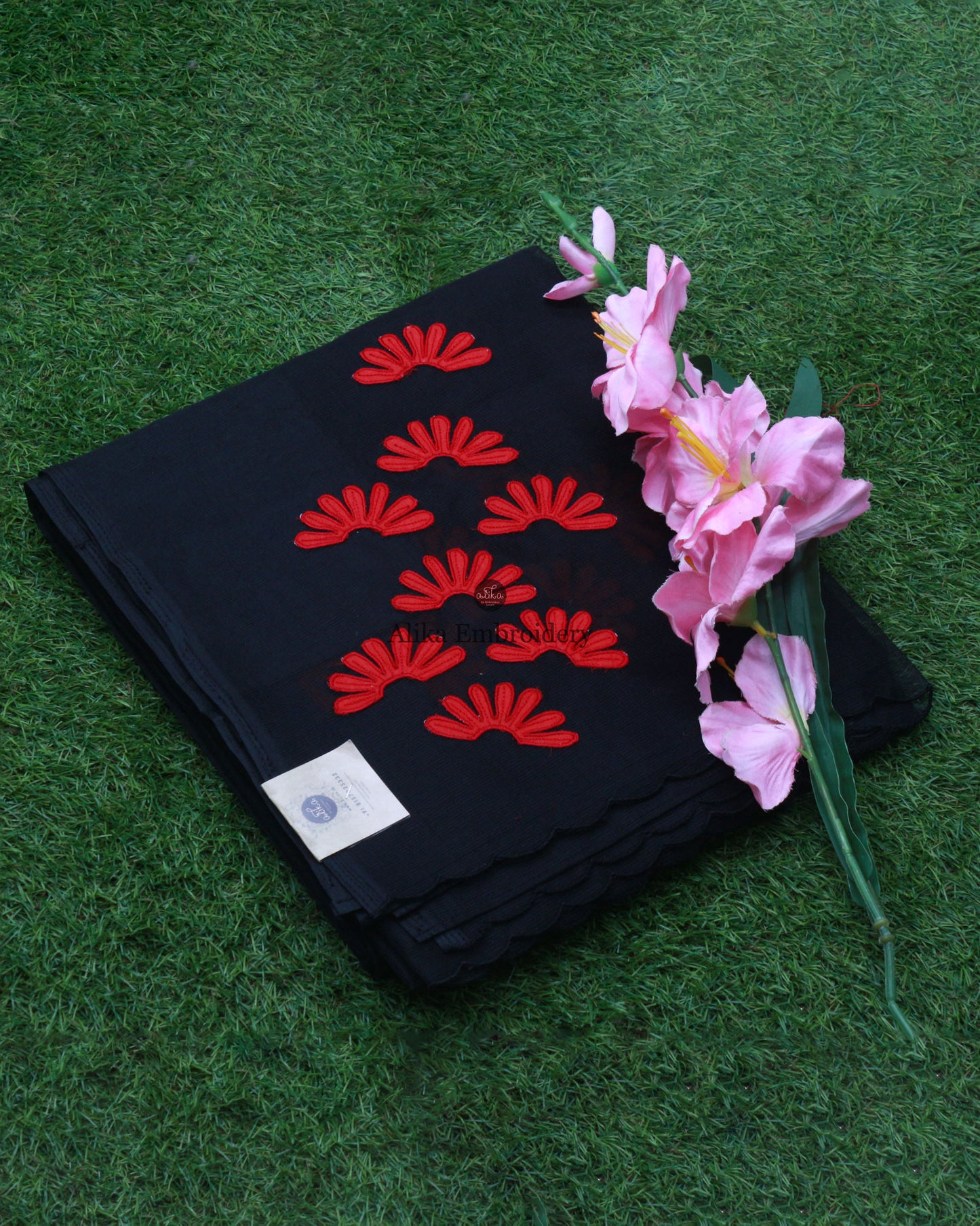 Exquisite Black Kota Saree with Red Floral Machine Embroidery | Bold Elegance