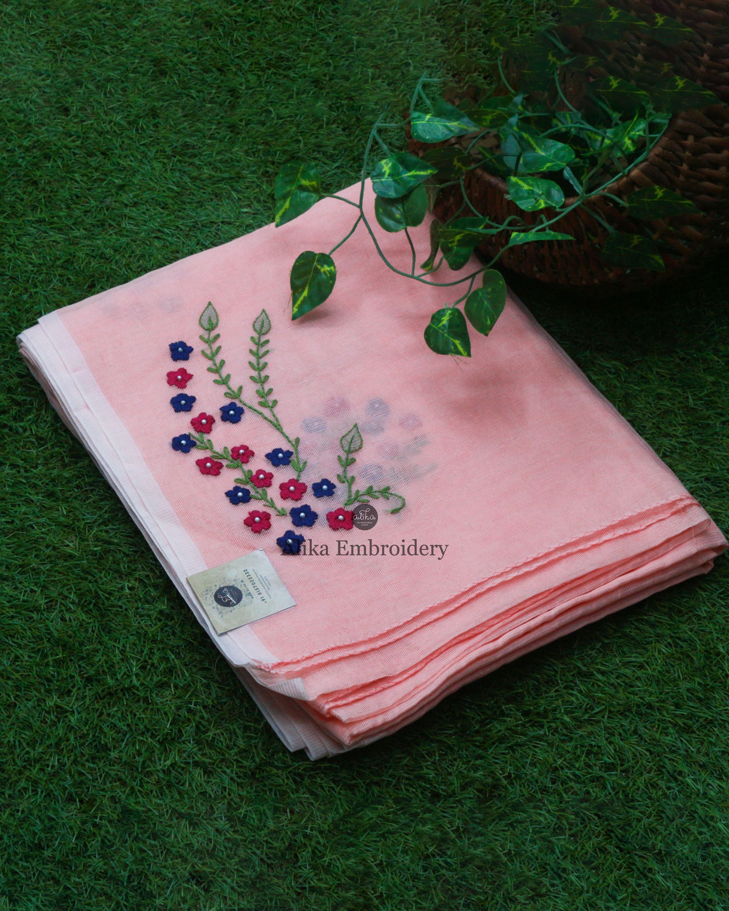Elegant Peach Kota Saree with Pink and Blue Embroidery | Subtle Charm