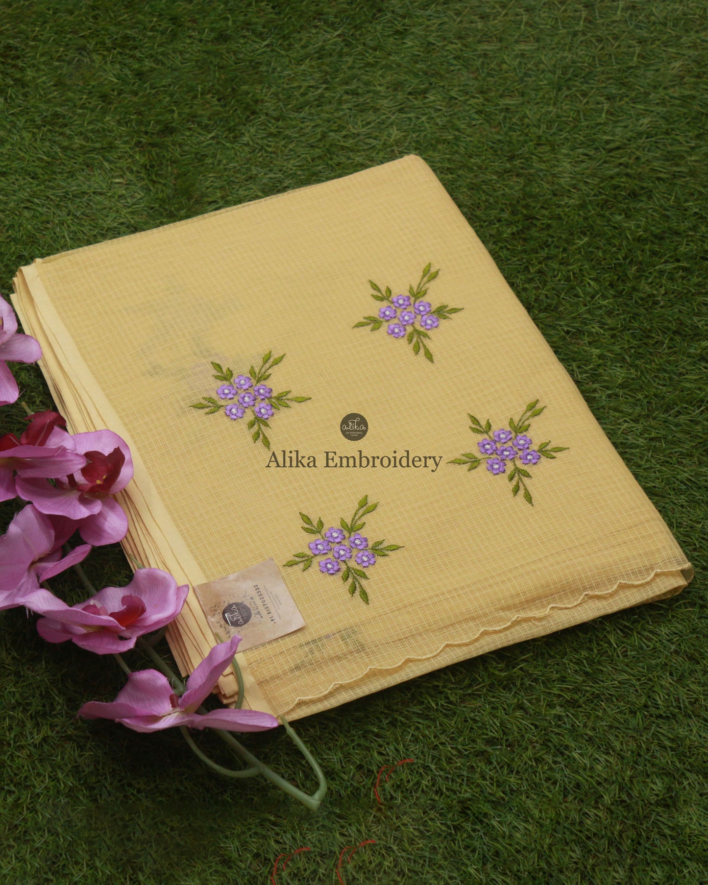 Charming Light Yellow Checked Kota Saree with Lavender Floral Embroidery | Effortless Elegance
