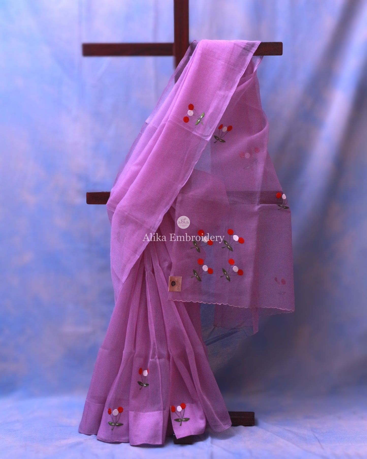 Elegant Lavender Kota Saree with Red and White Machine Work | Timeless Charm