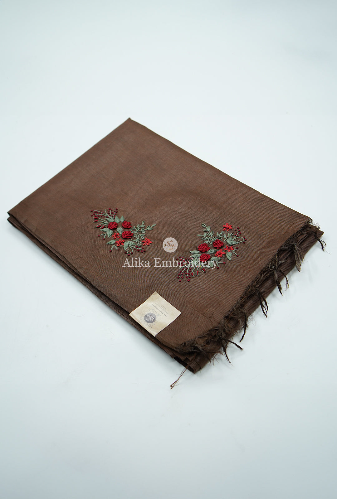 BROWN TUSSAR SILK SAREE  WITH RED AND GREEN HAND EMBROIDERY