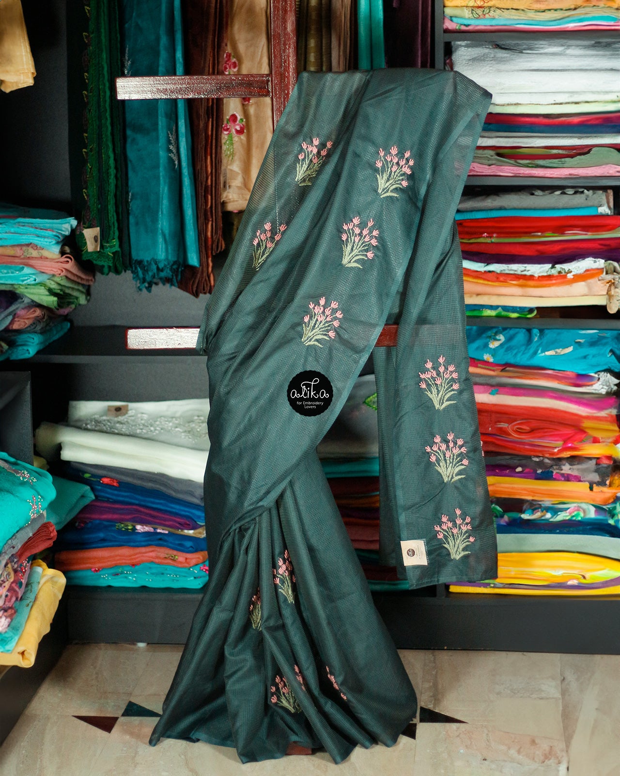 GREEN CHECKED SEMI TUSSAR WITH PEACH BULLION HAND EMBROIDERY
