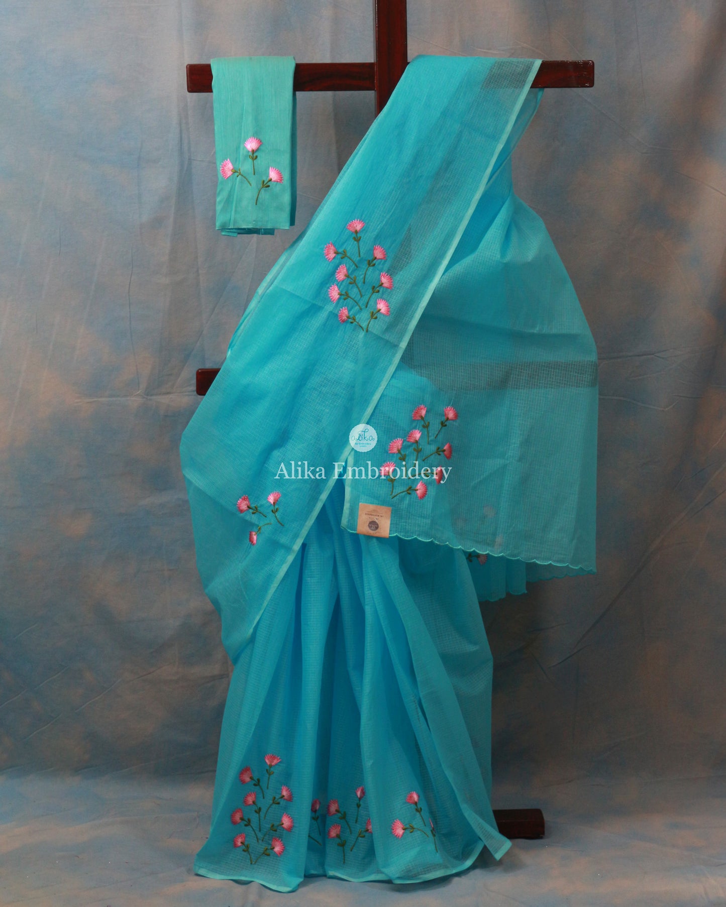 Stunning Blue Checked Kota Saree with Pink Floral Machine Embroidery | Effortless Elegance
