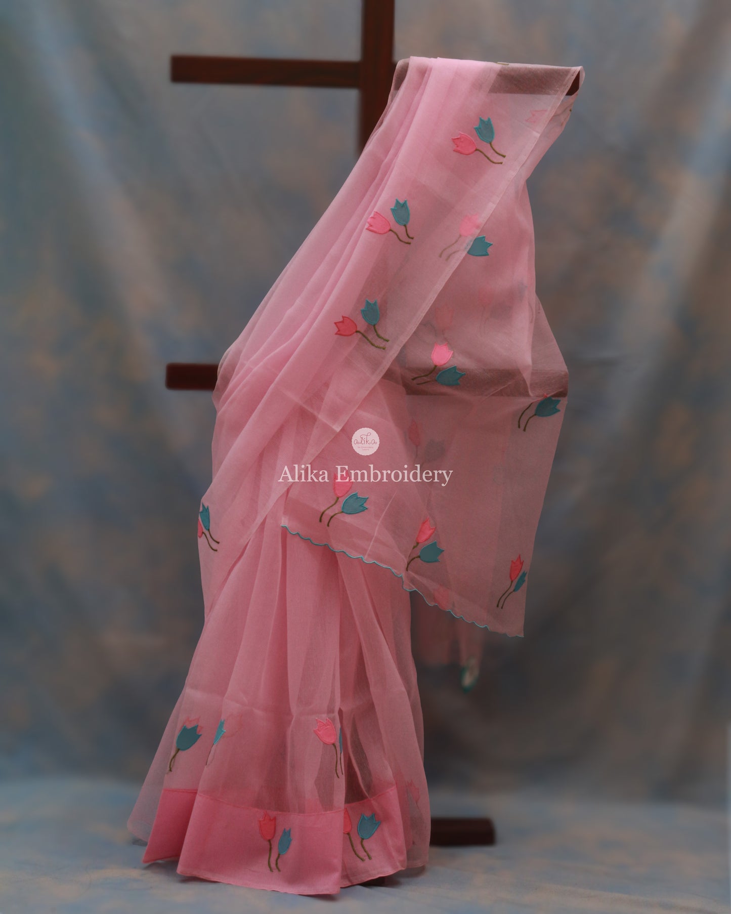 Elegant Pink Kota Saree with Pink and Blue Floral Machine Embroidery | Timeless Charm
