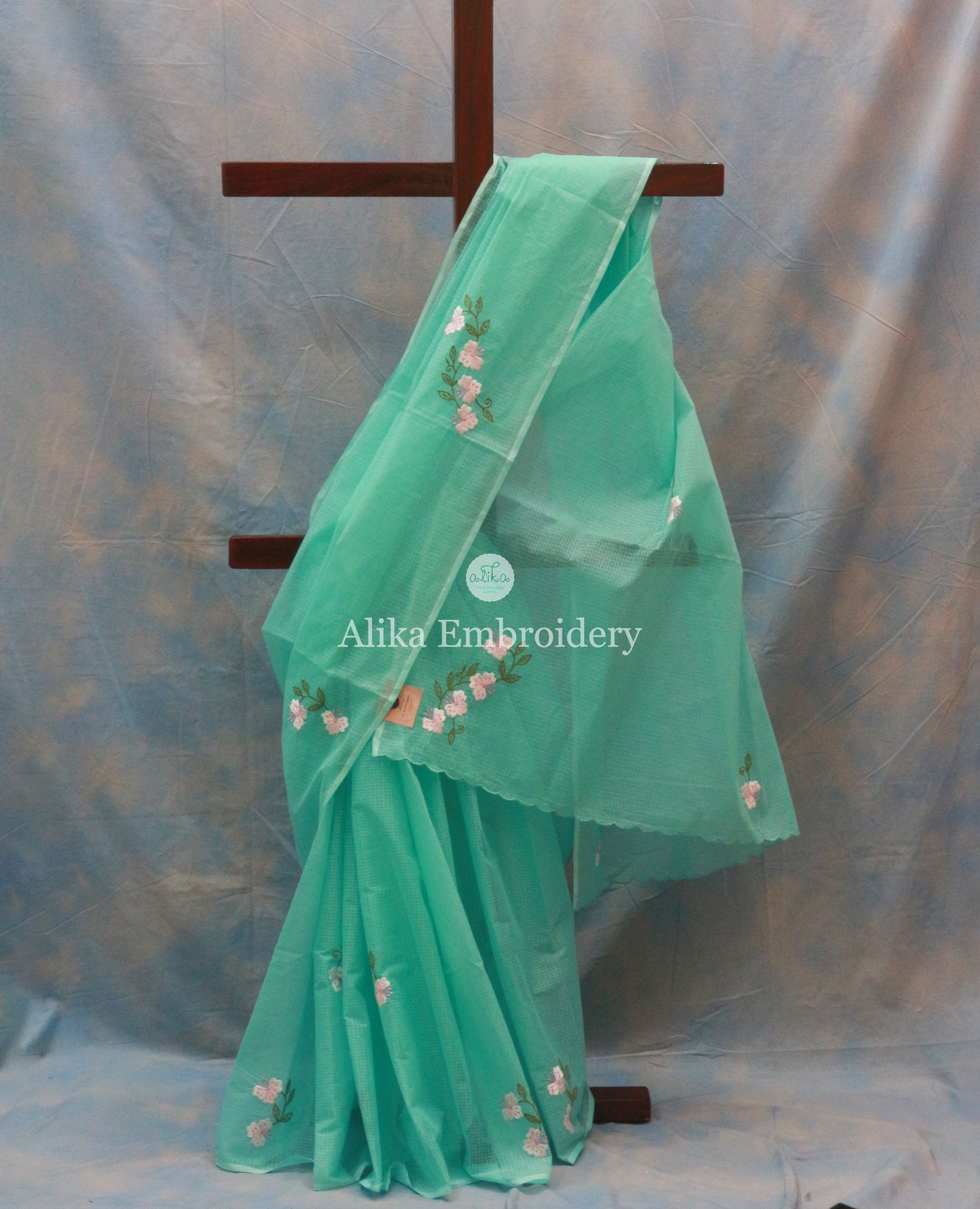 Stunning Green Kota Saree with White Floral Machine Embroidery | Timeless Elegance