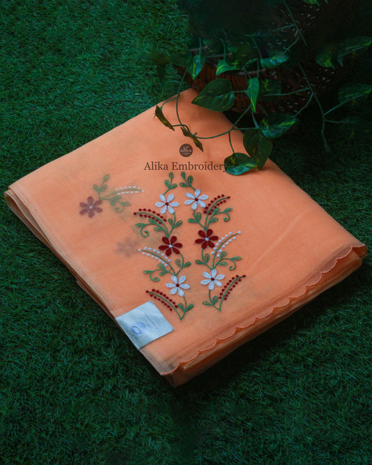 Vibrant Orange Kota Saree with Red and White Floral Machine Embroidery | Effortless Elegance