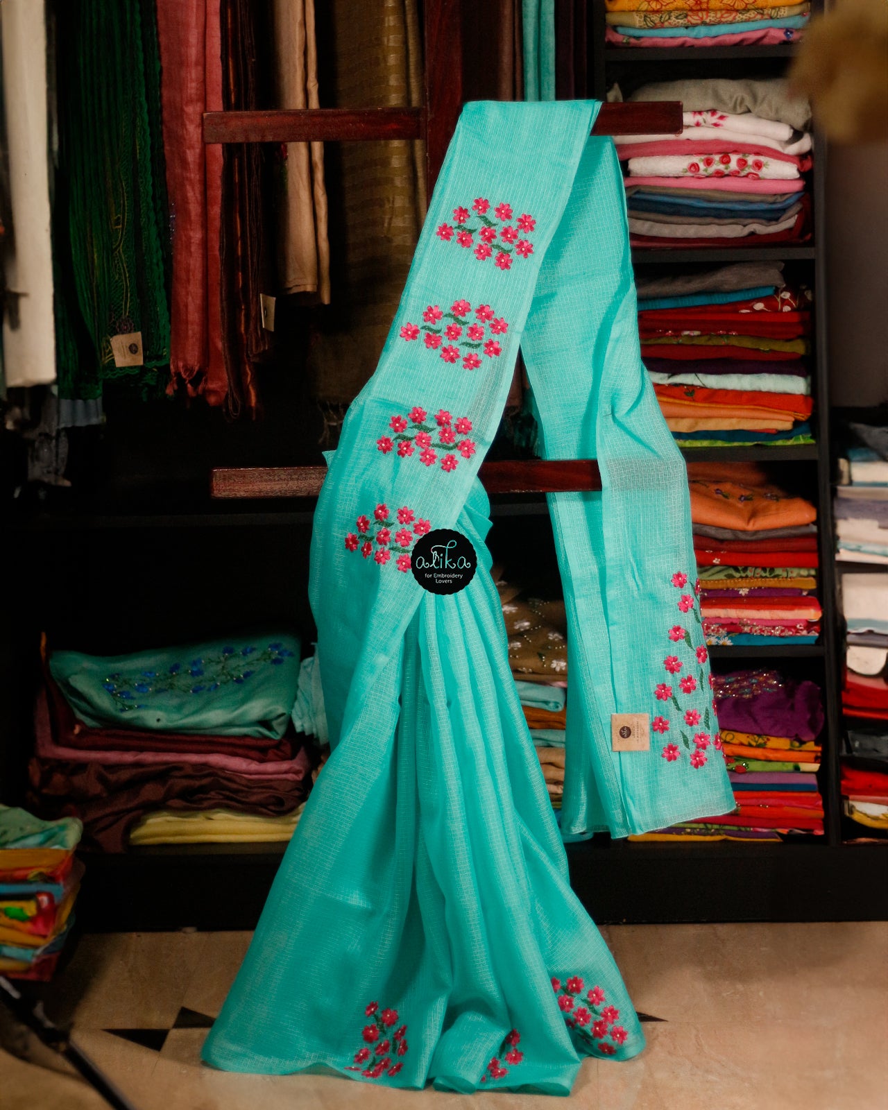 BLUE CHECKED KOTA SAREE  WITH FLORAL RIBBON WORK