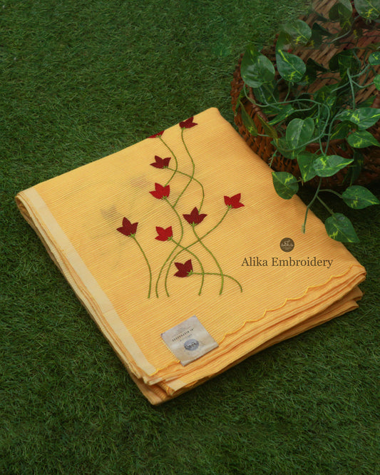 Charming Yellow Kota Saree with Red Floral Machine Embroidery | Timeless Elegance