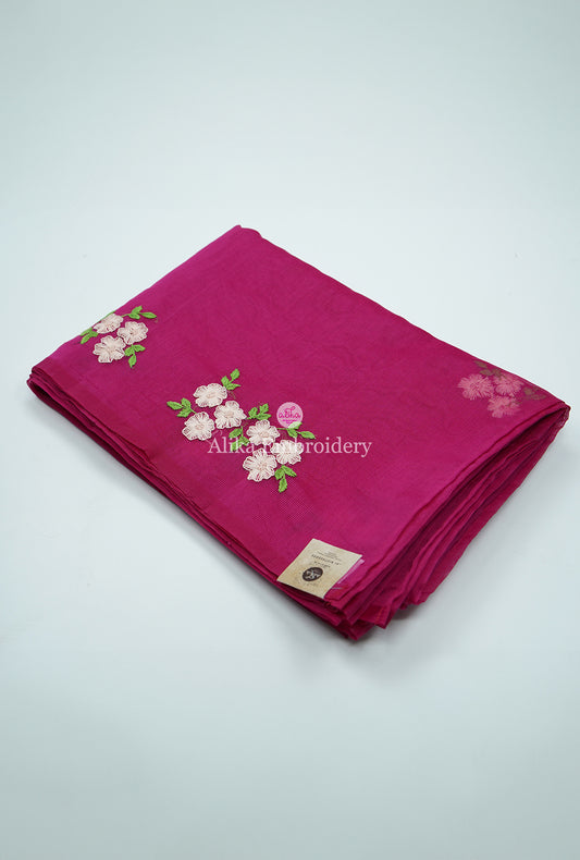 PINK KOTA SAREE WITH LIGHT PEACH SHADED BUTTONHOLE WORK