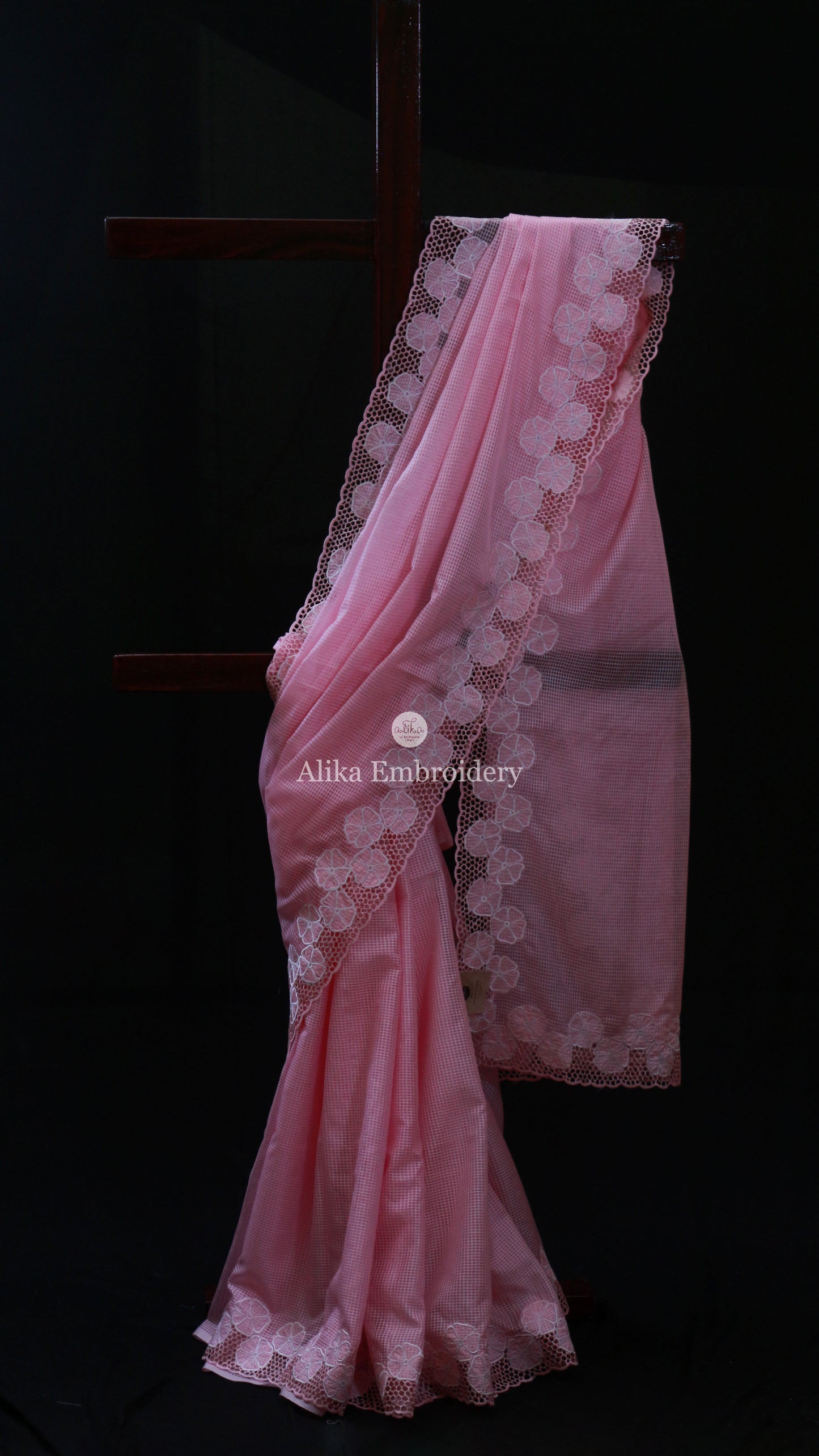 Charming Light Pink Checked Semi Tussar Saree with Full Border Cutwork