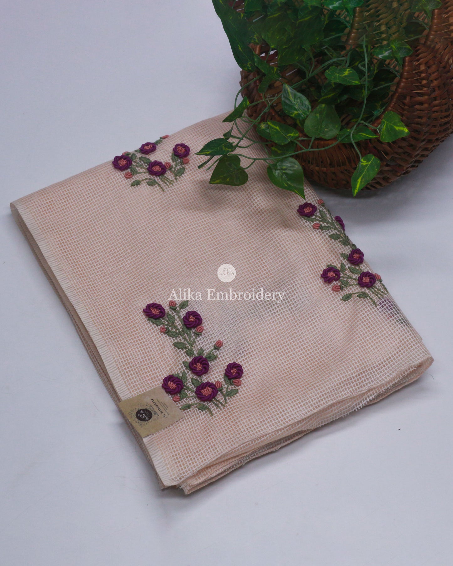 Elegant Beige Shaded Checked Semi Tussar Saree with Floral Embroidery Work