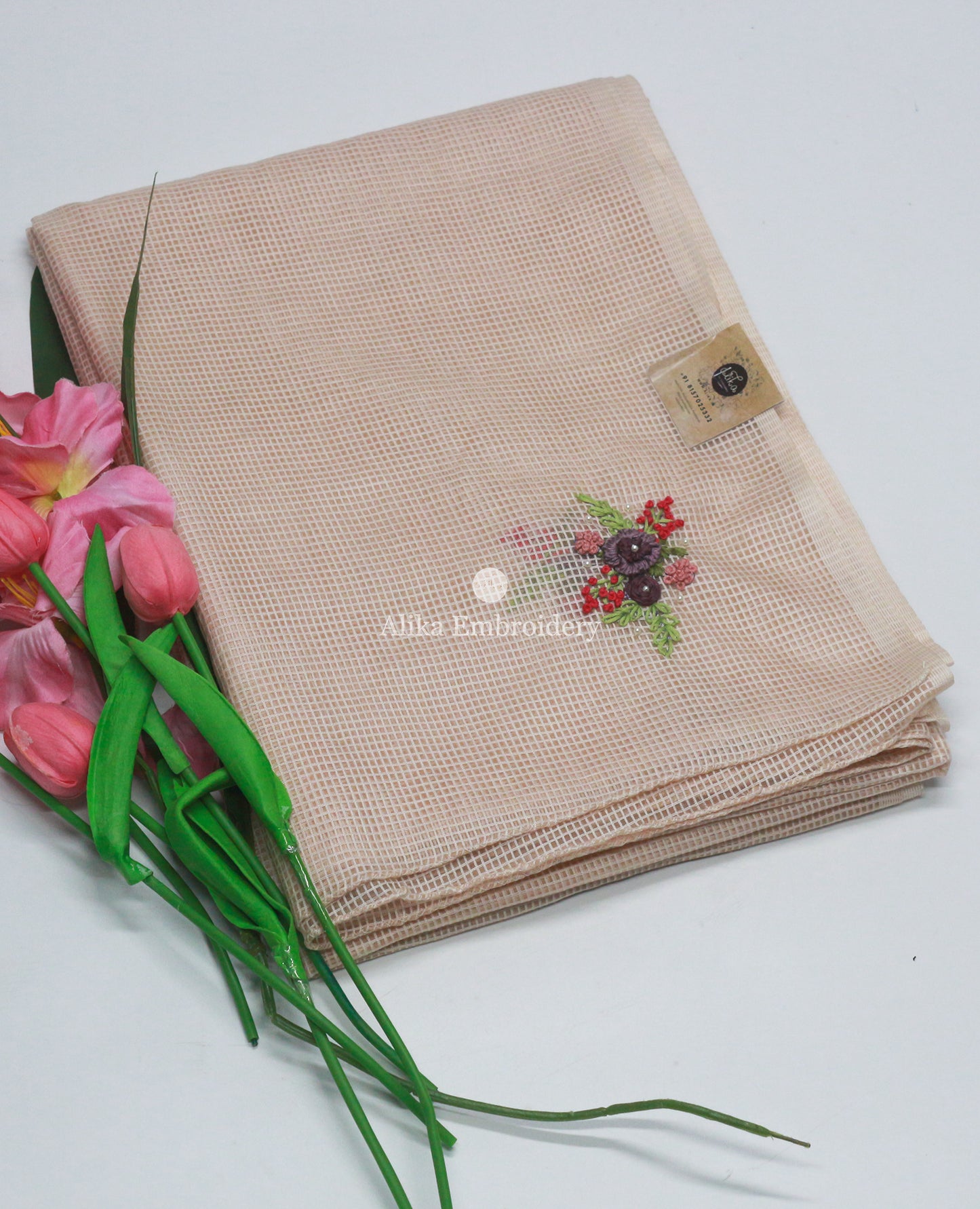 Chic Beige Shaded Checked Semi Tussar Saree with Multicolored Hand Embroidery and Pearl Work