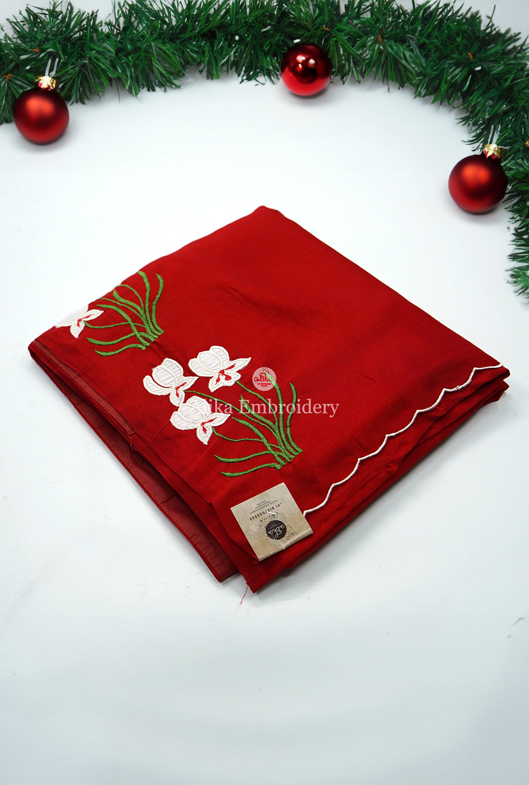 Sophisticated Charm: Soft Silk RED Saree with White and Green Machine Work