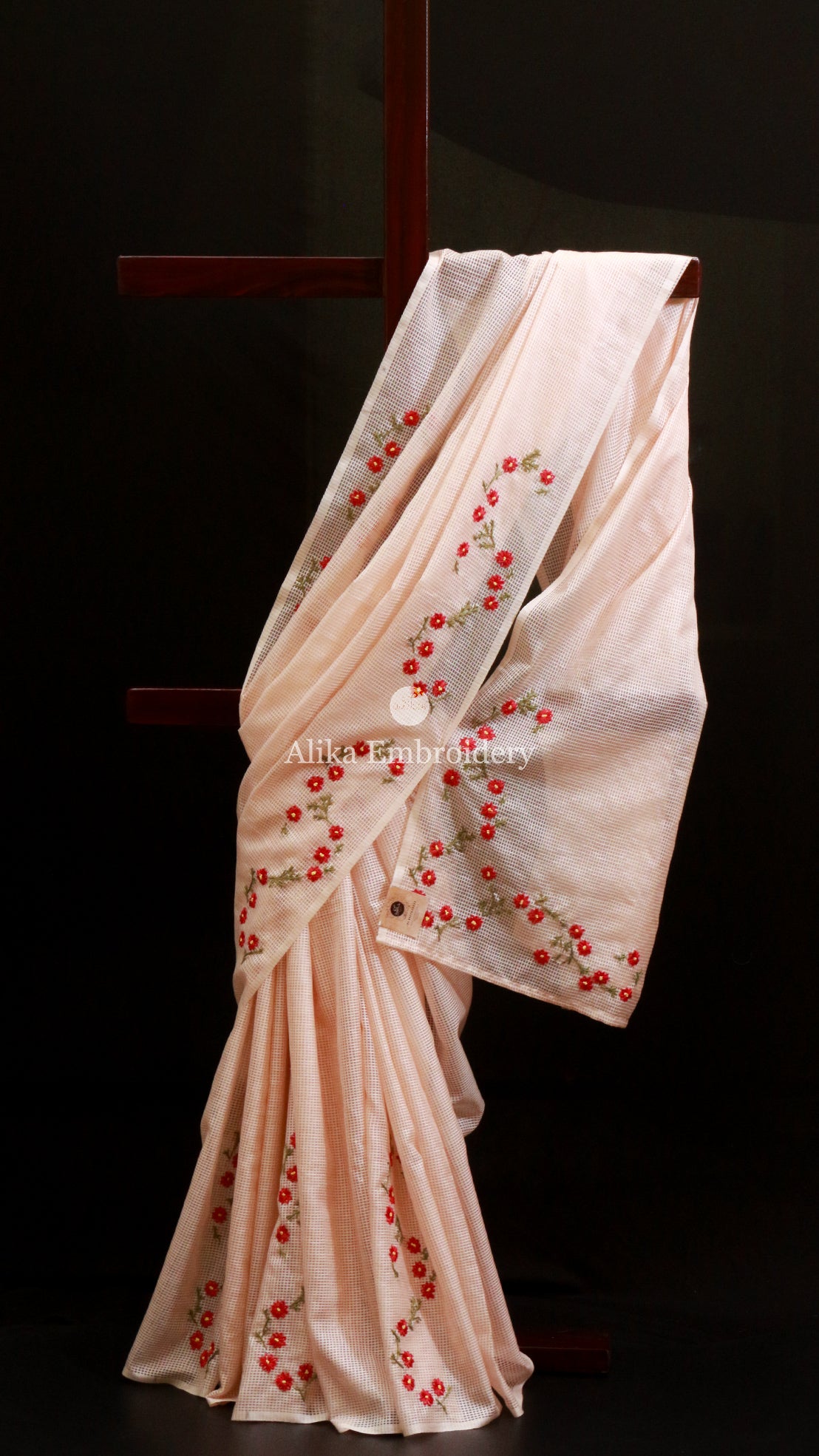 Sophisticated Beige Shaded Checked Semi Tussar Saree with Red Floral Embroidery
