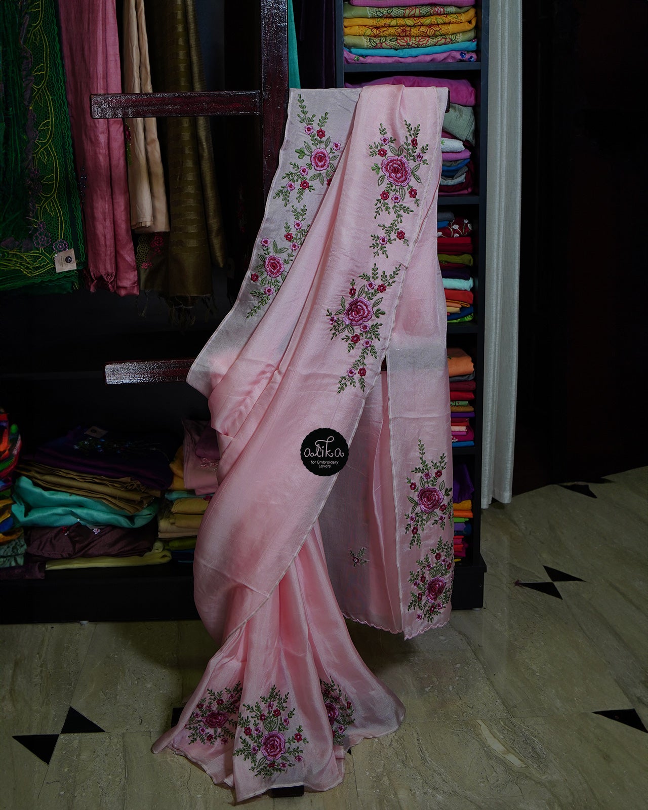 PINK CRISPY GEORGETTE  SAREE WITH MACHINE  EMBROIDERY