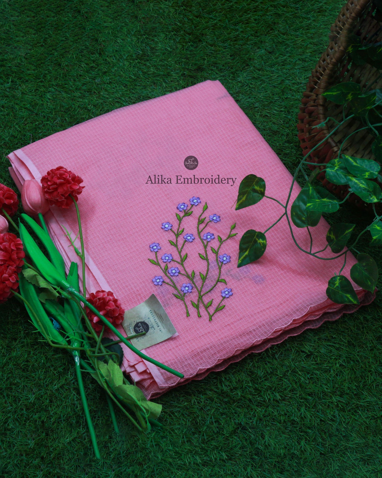 Elegant Pink Kota Saree with Lavender Floral Machine Work | Timeless Sophistication