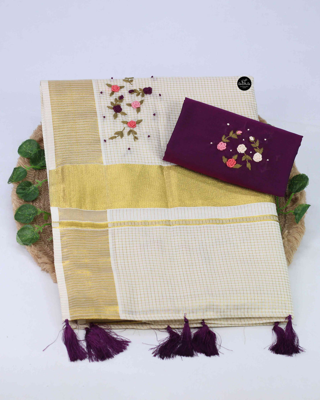 Micro Check Kerala Saree with Floral Hand Embroidery &amp; Dark Purple Blouse Material