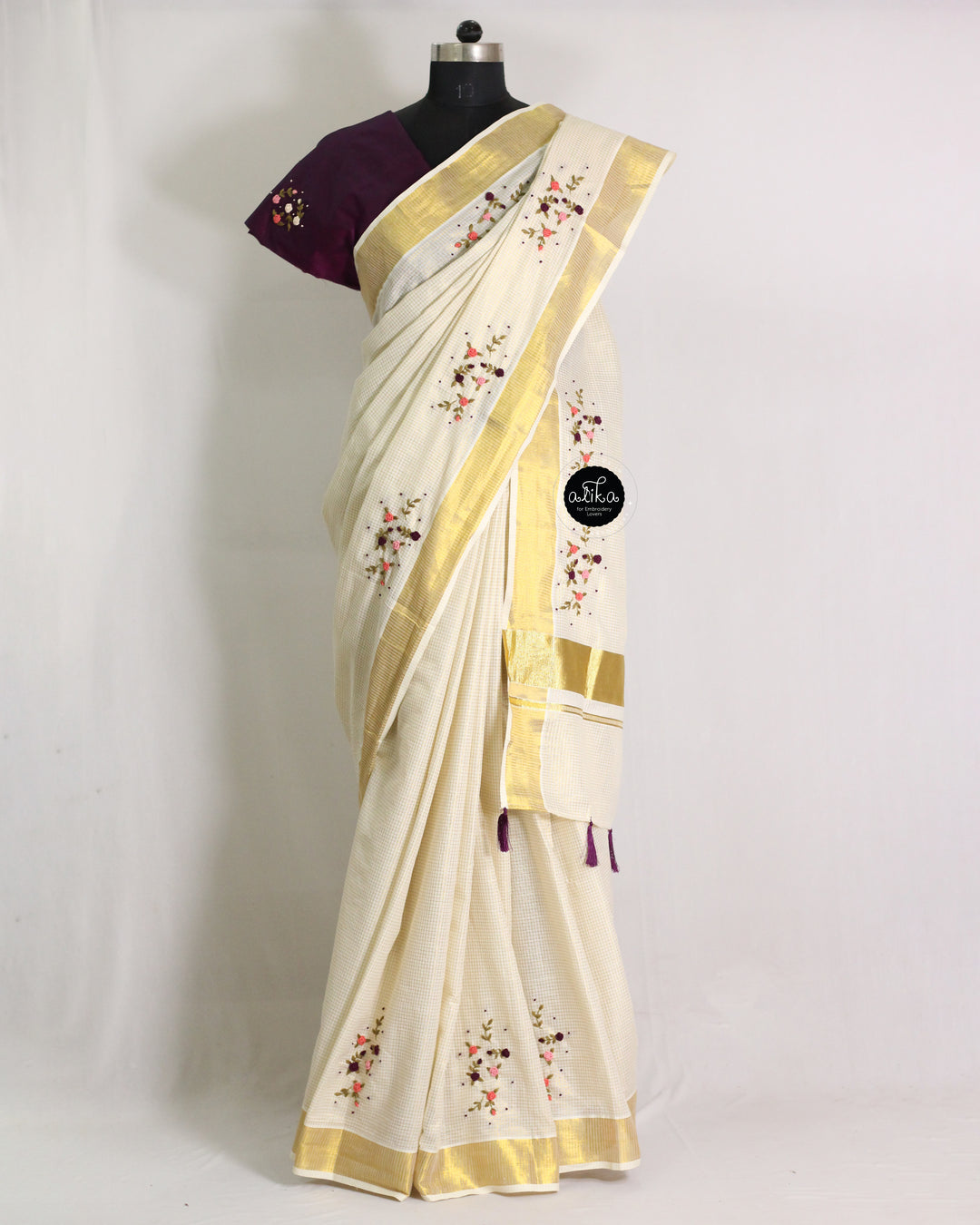 Micro Check Kerala Saree with Floral Hand Embroidery &amp; Dark Purple Blouse Material