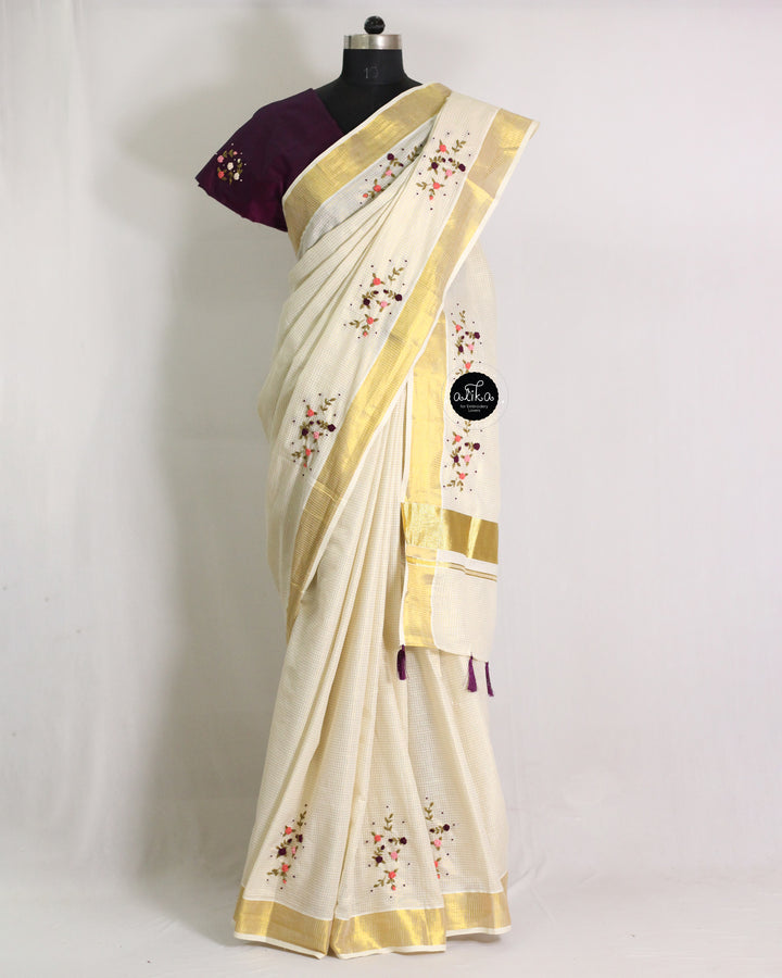 Micro Check Kerala Saree with Floral Hand Embroidery &amp; Dark Purple Blouse Material